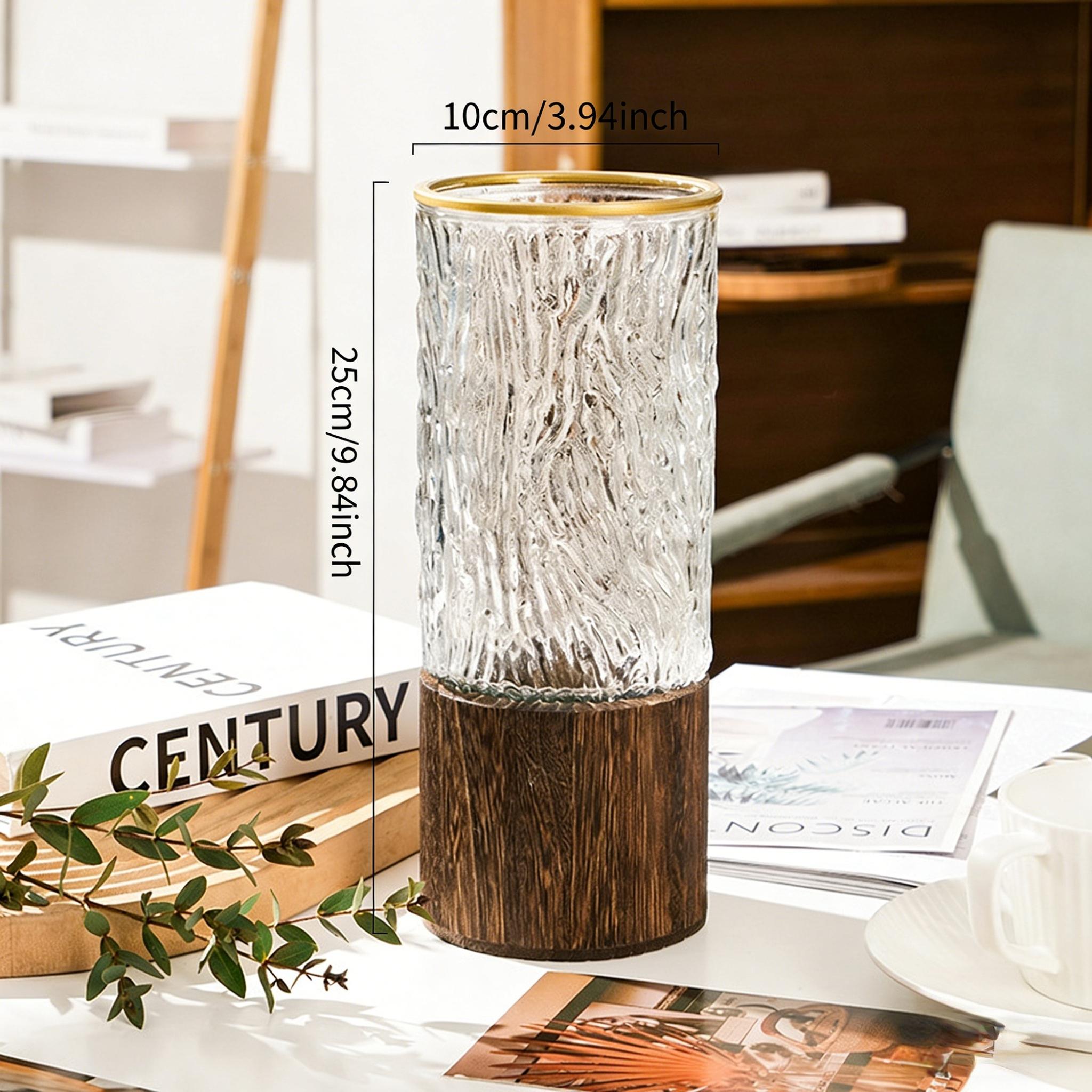 Modern Detachable Glass Flower Vase with Wooden Base, Gold Rim Ribbed/Ice Texture Vase for Home Decor, Perfect for Roses, Lucky Bamboo, Table Centerpieces