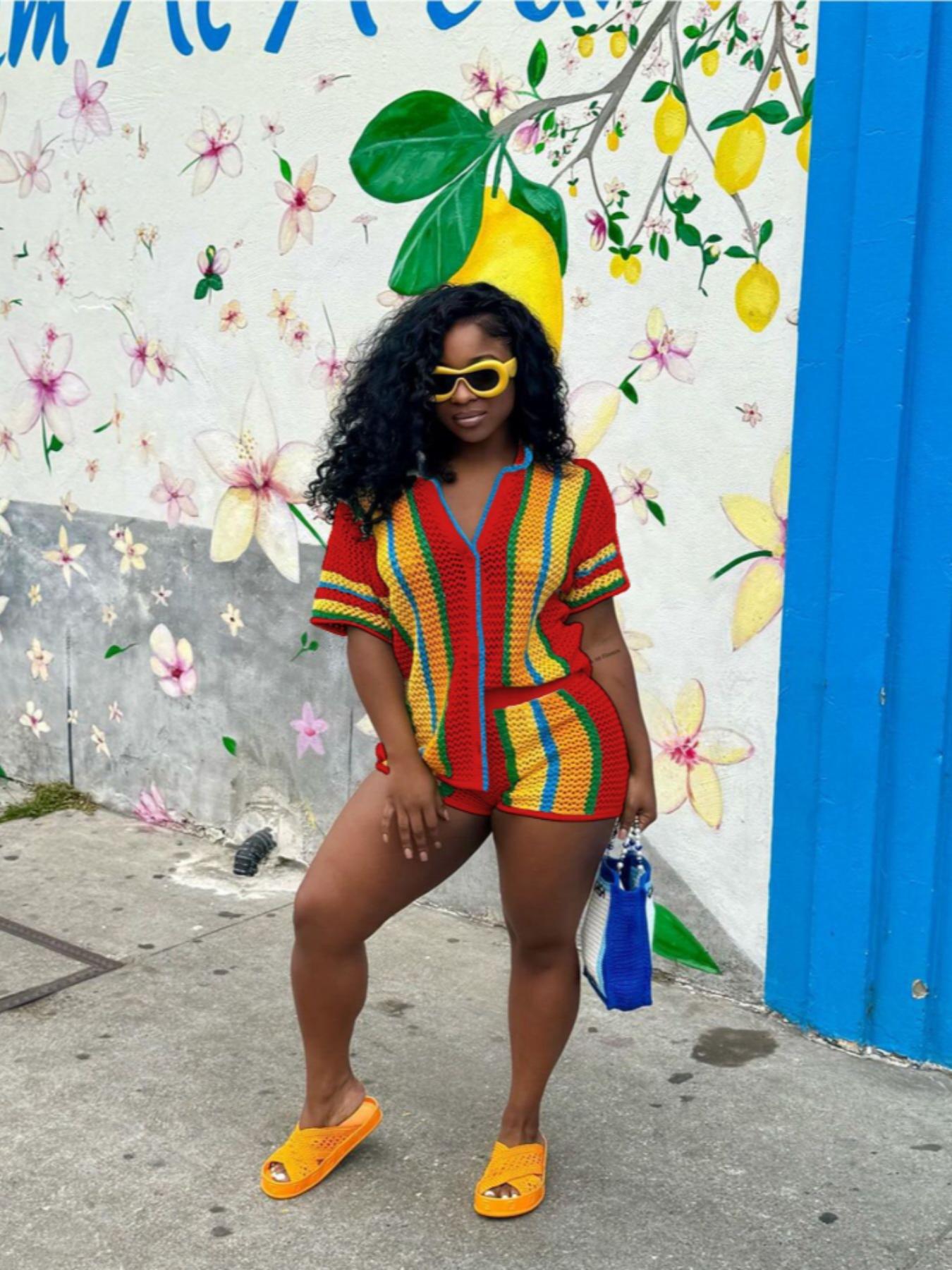 Women's Striped Print Crop Knit Top & Shorts Two-Piece Set, Casual Fashion Cozy Knitwear Set for Daily Outdoor Wear, Ladies Clothes for Summer, Cute Summer Outfit