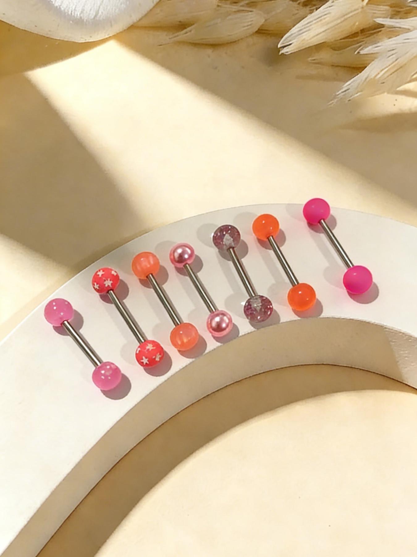 7 Pcs Colorful Round Barbell Tongue Rings, 14g Stainless Steel, Unisex Fashion Jewelry, Comfortable Daily Wear, Trendy Body Piercing Accessories