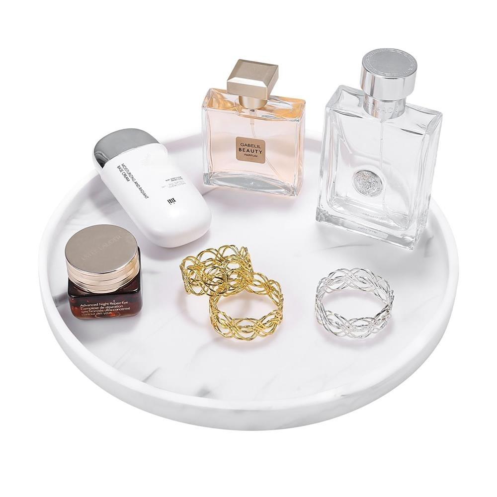 Silicone Round Bathroom Tray, 1 Count Solid Color Or Marble Pattern Makeup Tray, Kitchen Countertop Storage Rack, Home Organizer for Candle, Perfume, Bathroom Decor Supplies