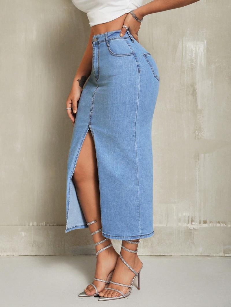 Women's Casual Elastic Front Slit Denim Skirt, Fashionable Comfort Design, Perfect for Daily Wear, Multifunctional Stylish Item