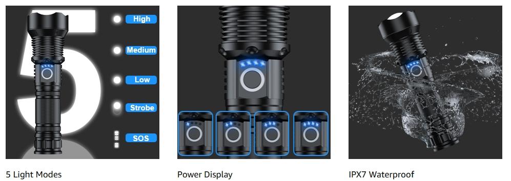 2 pack Rechargeable Strong Flashlight, 1000000LumensHigh Brightness XHP50.2 LED 2 PackWater-Resistant, 5 Modes for Various LightingNeeds super strong usb rechargeable