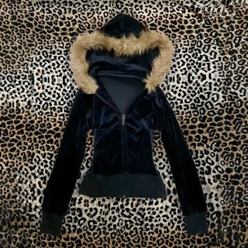 Harajuku Gothic Women's Hoodie Sexy Slim Chic Suede Fur Collar Letter Print Cardigan Sweatshirt Aesthetic Female Streetwear