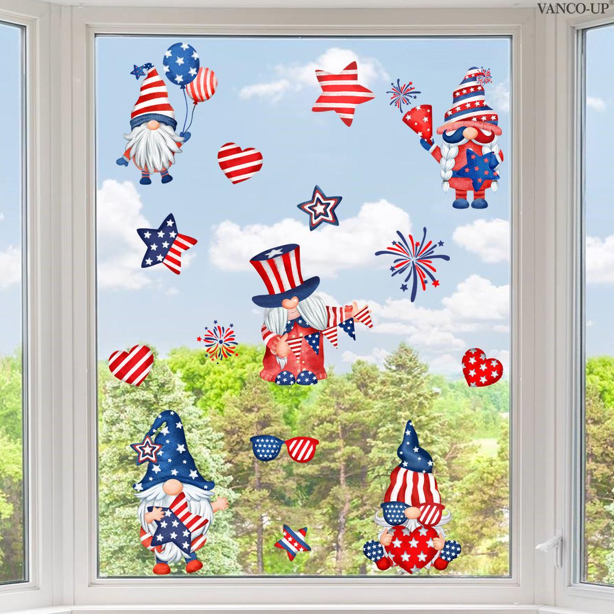 Set of 2 Pcs 30×30cm Independence Day Cartoon Stars & Stripes Gnome Double-Layer Static Window Clings for Bedroom Kids Room Glass Festival Decor