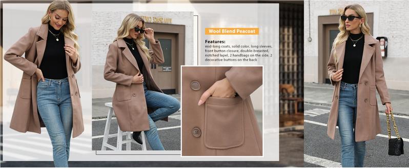 SCUSTY Women Winter Wool Blend Camel Mid-Long Coat Notch Double-Breasted Lapel Jacket Outwear SCUSTY Women Winter Wool Blend Camel Mid-Long Coat Notch Double-Breasted Lapel Jacket Outwear