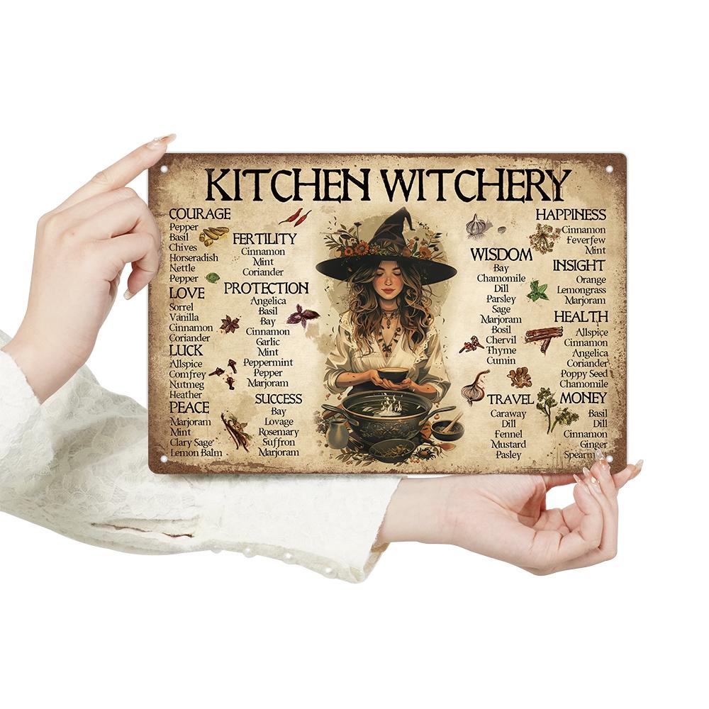 Vintage Kitchen Witchery Metal Tin Sign, 1 Count Kitchen Witchery Tin Sign, Wall Art Decor for Home Farmhouse, Wall Hanging, House Decor, Vintage Plaque Decor