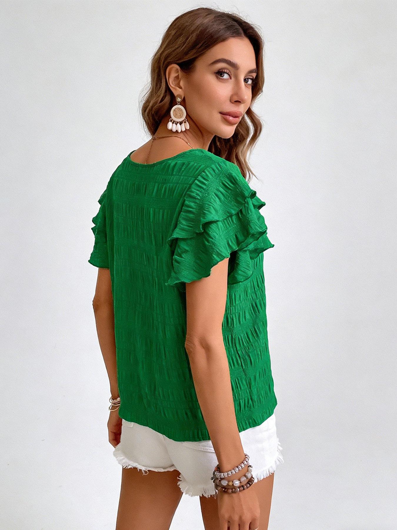 A women's solid color double-layer ruffled sleeve round neck elegant Casual pullover T-shirt Top, suitable for summer, daily commuting, and home wear, Womenswear