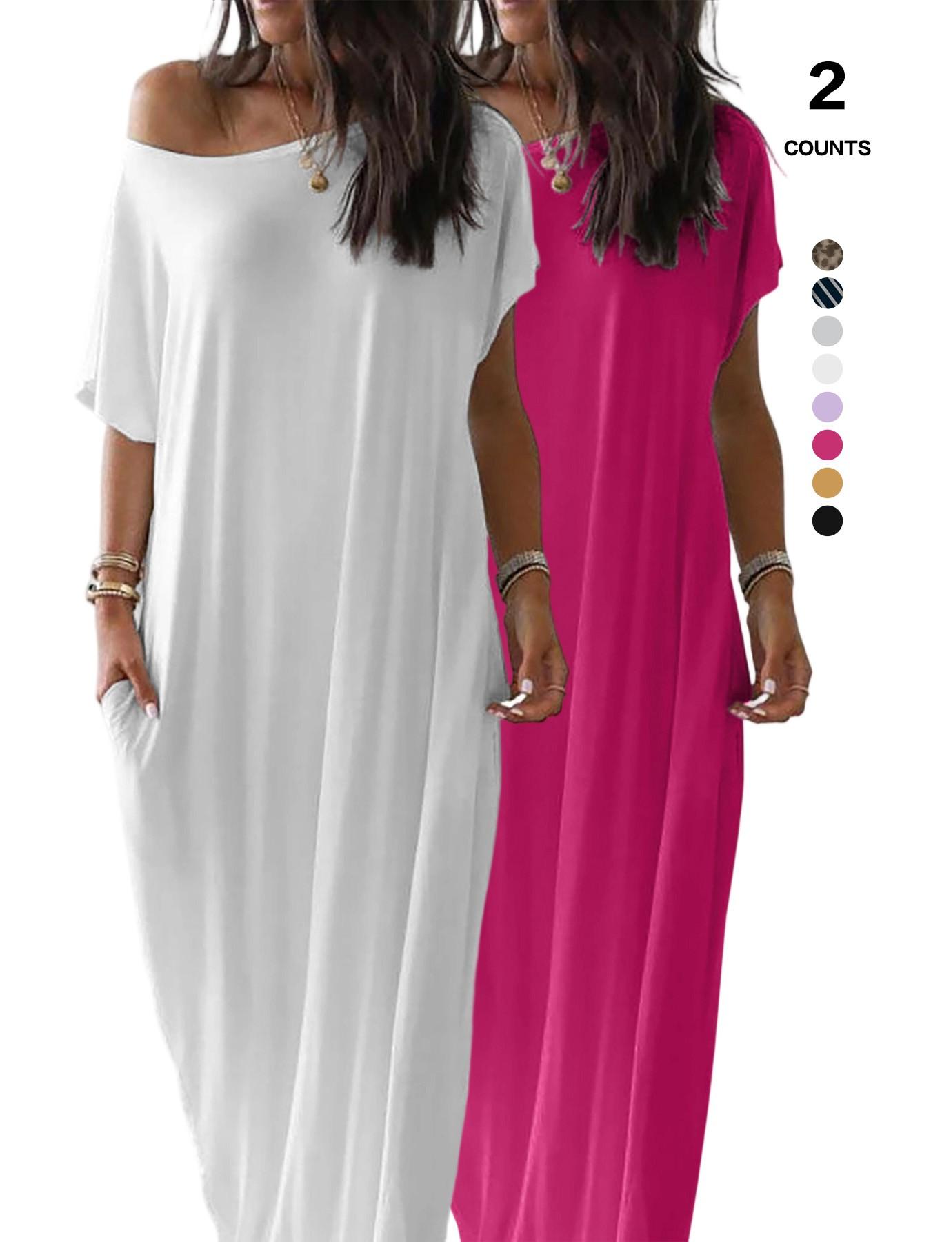 Women's Solid Color Batwing Sleeve Lounge Dress, Casual Comfy Short Sleeve Nightdress, Ladies Sleepwear for All Seasons