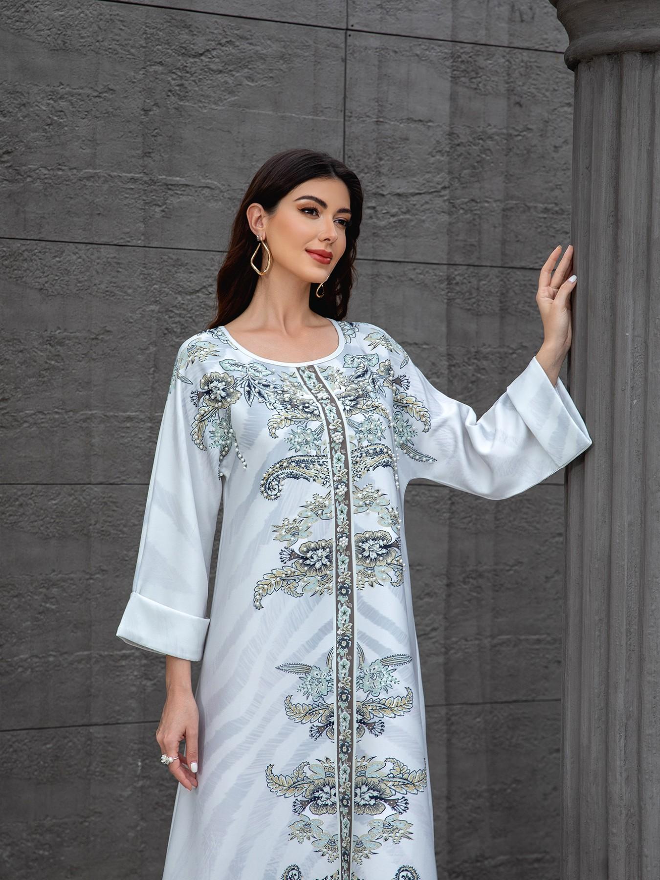 Elegant Muslim Women's Kaftan Dress, High-Density Rhinestone Embellished Print Long Robe, Cross-Border Fashionable Evening Gown