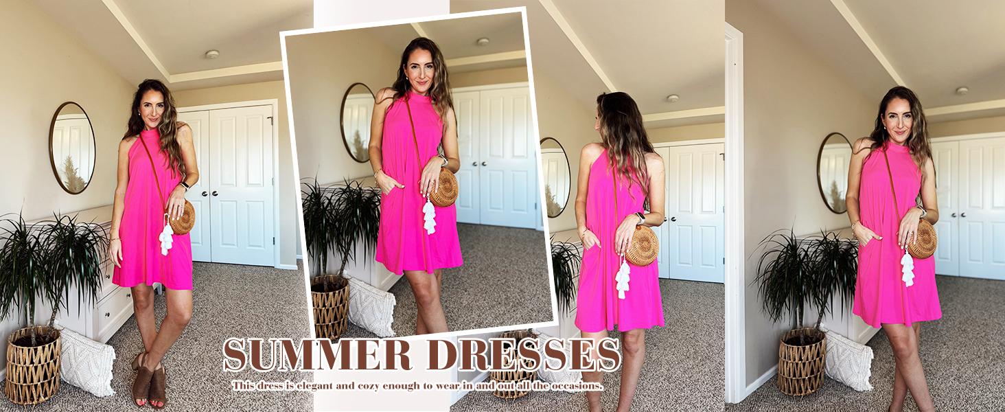 AUSELILY Women's Summer Dress Sleeveless Halter Neck Beach Dress Casual Sundresses with Pockets