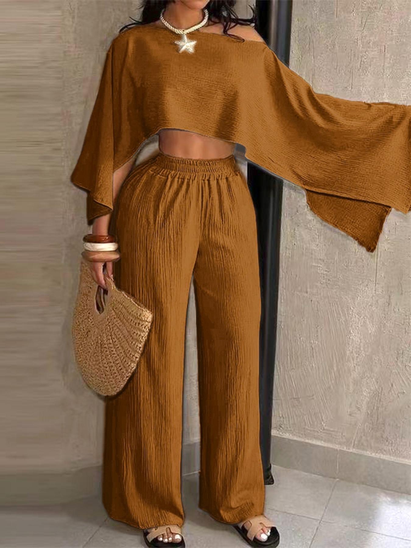 Women's Fashionable Asymmetrical Neckline Top & Elastic Waist Pocket Pants Set, Fit, Elegant Casual for Beach Vacation