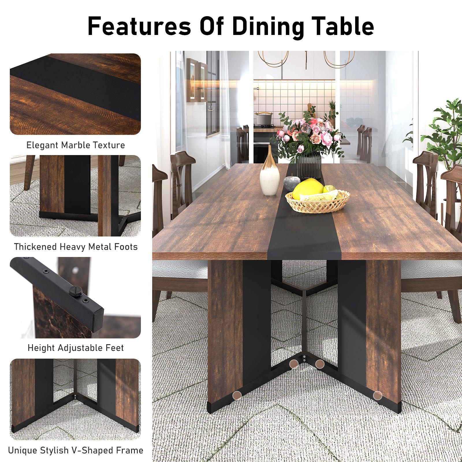 94In/78In/71In Large Rectangular Brown Dining Table for 4 5 6 7 8 People w/35 Marble-Color Wood Watrproof Tabletop,Adjustable Leg.6ft Luxurious Family Dinner Table for Office Kitchen Living Room (not included Chair)