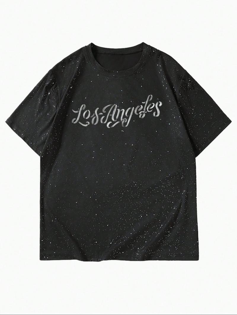 New Men's Short Sleeve T-Shirt, Fashion Starry Sky Reflective Craft, Letter Print Design, Sparkling Like Stars, Must-Have Casual