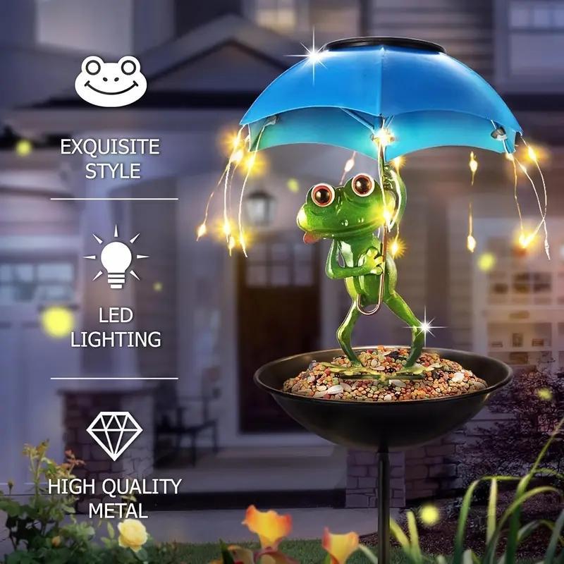 Solar LED Frog Bee Flamingo Umbrella Light with Bird Feeder, Outdoor Garden Decoration, Weather Resistant Metal Design, Yard Lawn Pathway