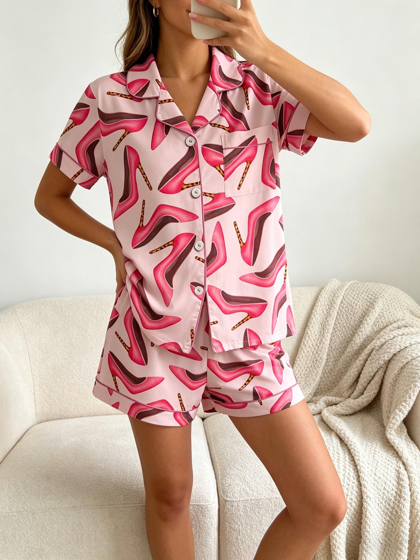 Women's Short Sleeve Button Down Top and Shorts Pajama Set, Spring Summer Wear, For Elegant Mature Ladies, Pink Muted High Heel Print, Classic Lapel Collar, Loose Draping Fit, Comfortable For Home & Office