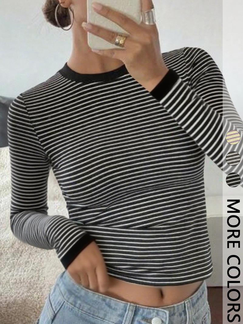 Women's Striped Slim-Fit Long Sleeve Casual Summer Top, Stylish Plain Fashion Tee for Daily Wear, Comfortable & Trendy Design