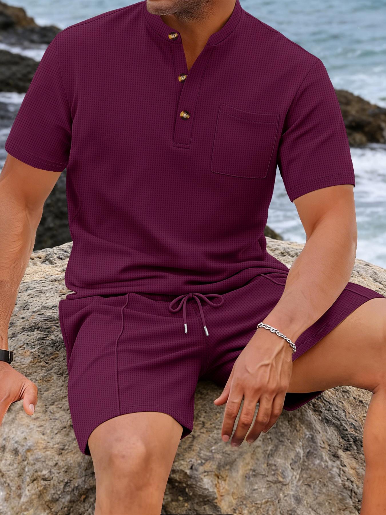 Men's Solid Texture Henley Set, Summer Casual T-Shirt + Drawstring Shorts, Comfortable and Stylish for Daily Wear