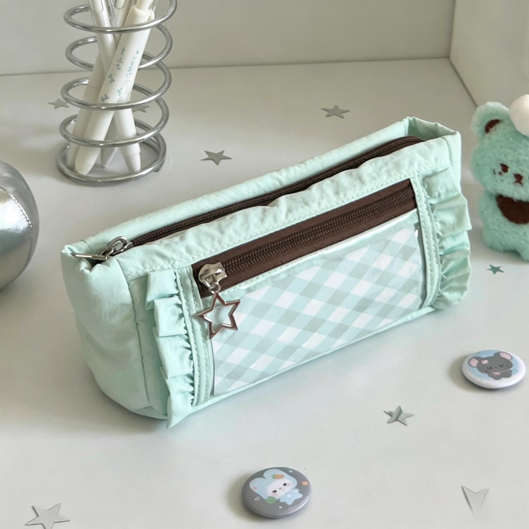 Back To School Kawaii Pastel Plaid Ruffle Pencil Case with Cute Star Charm, Aesthetic Double Zipper Stationery Pouch with Clear Window, Large Capacity Pen Organizer for School Supplies Desk Storage Daily Travel Essentials