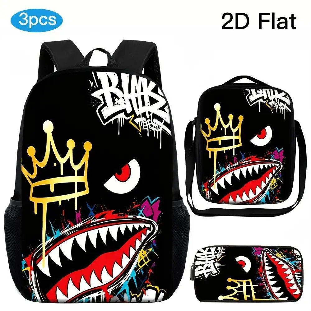 Men's 3-Piece High-Capacity Backpack Set - 2D Slanted Print Smiley Face, Adjustable Straps, Lunch Bag, Pencil Case, Prop 65 Safe, Backpacks for School, Funky Novelty Print Option, Funky Men's Bags Sets