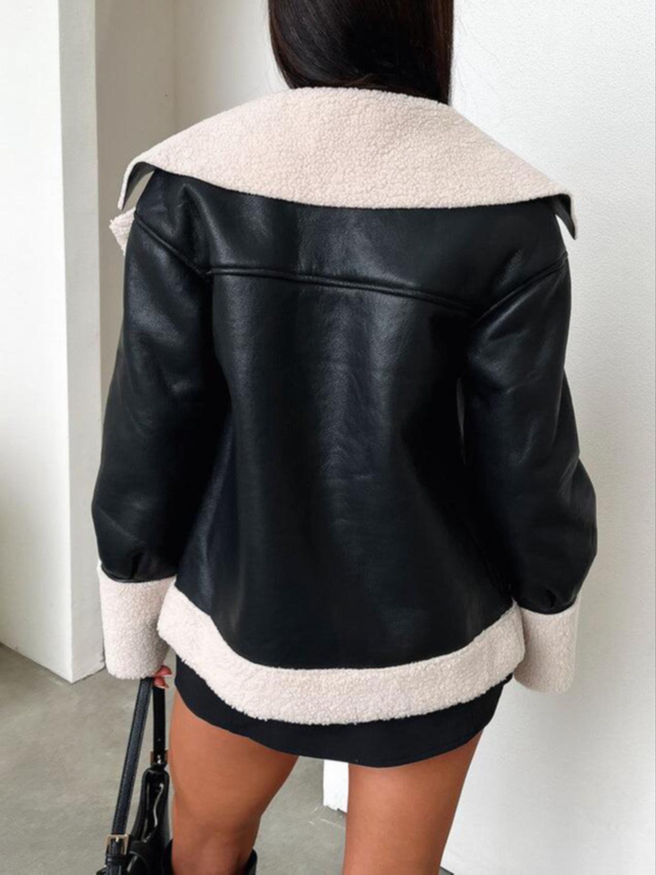 Women's Colorblock Faux Wool Fur Jacket Coat, Warm Winter Travel Outerwear, Stylish Patchwork Design, Soft & Cozy Fabric, Loose