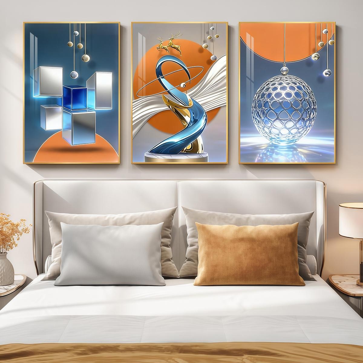 3 Counts Aluminum Alloy Framed Painting, Modern Abstract Geometric Sphere And Cube Art, Home Decoration For Living Room, Bedroom, Office, Restaurant, Hallway Wall Decor, Odorless Print Artwork, Luxury Perfect Gift For Friends And Family