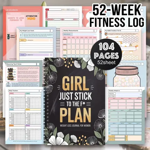 Weight Loss Plan and Health Journal, 52-Week Fitness Log, Guided Fitness Programs, Daily Workouts, Progress Tracking, Motivational Quotes, Affirmation, Female