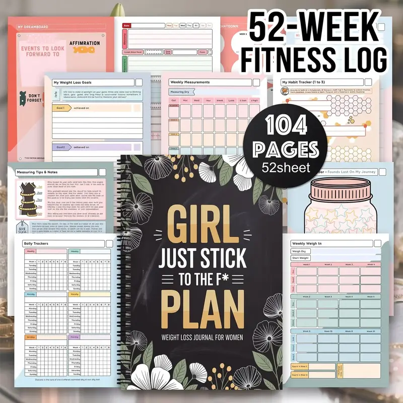 Weight Loss Plan and Health Journal, 52-Week Fitness Log, Guided Fitness Programs, Daily Workouts, Progress Tracking, Motivational Quotes, Affirmation, Female