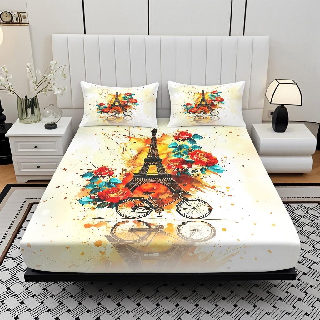 2/3 Pcs Paris Tower And Rose Pattern-themed Luxury Fitted Sheet Set(1*Fitted Sheet+1/2*pillowcase,no Filling)Skin-friendly Soft Digital Printed Bedding Set,suitable For New Year,festival Gifts For Family.suitable For All Year Round,machine Washable.