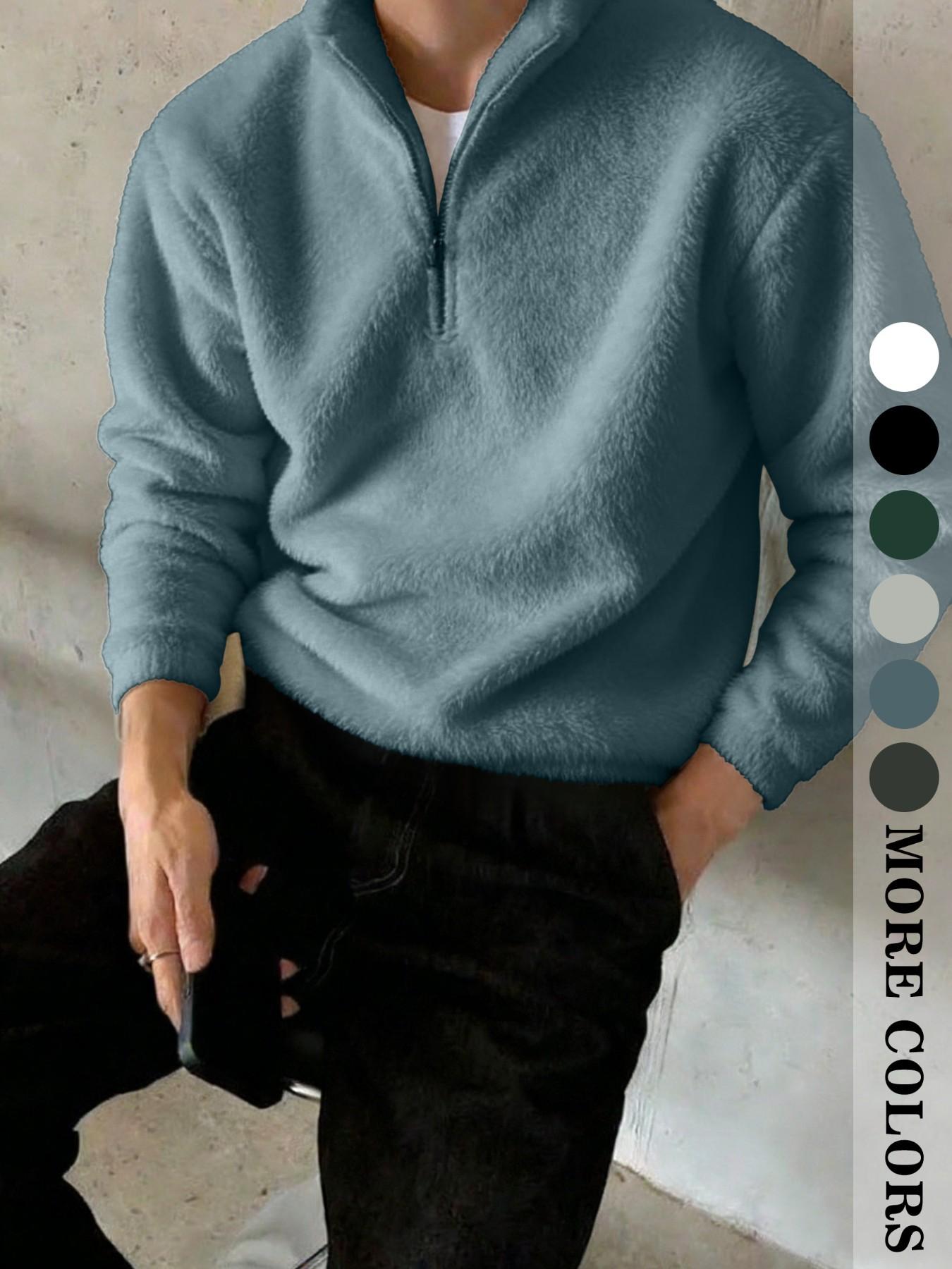 Men's Quarter Zip Fleece Pullover Sweatshirt, Solid Color Plain Long Sleeve, Casual Style, Perfect for Daily Wear and Outdoor Activities