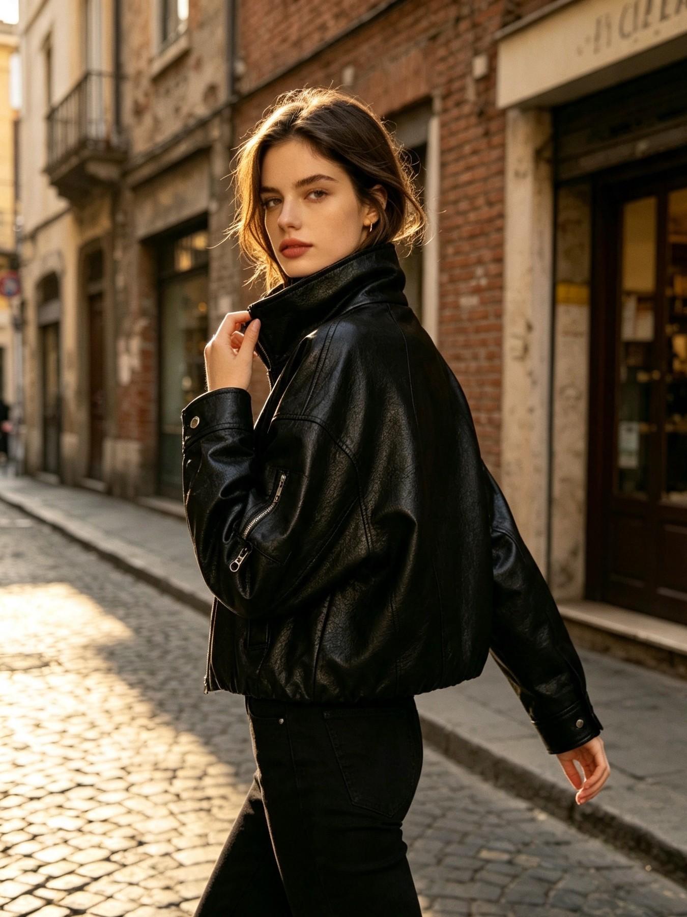 Vintage Stand Collar Zipper Short Motorcycle Jacket for Women, Street Style Loose Fit Outerwear, Casual Long Sleeve Top with Full Placket