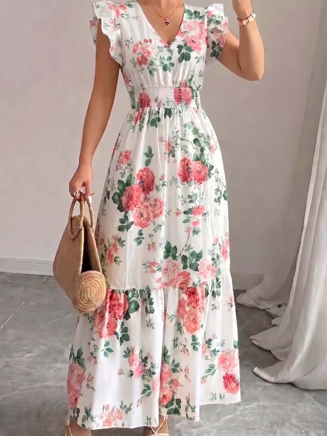 Summer Elegant Women's Ruffled Short Sleeve Long Tiered Floral Print Dress, Stylish Casual Wear, Perfect for Parties and Daily