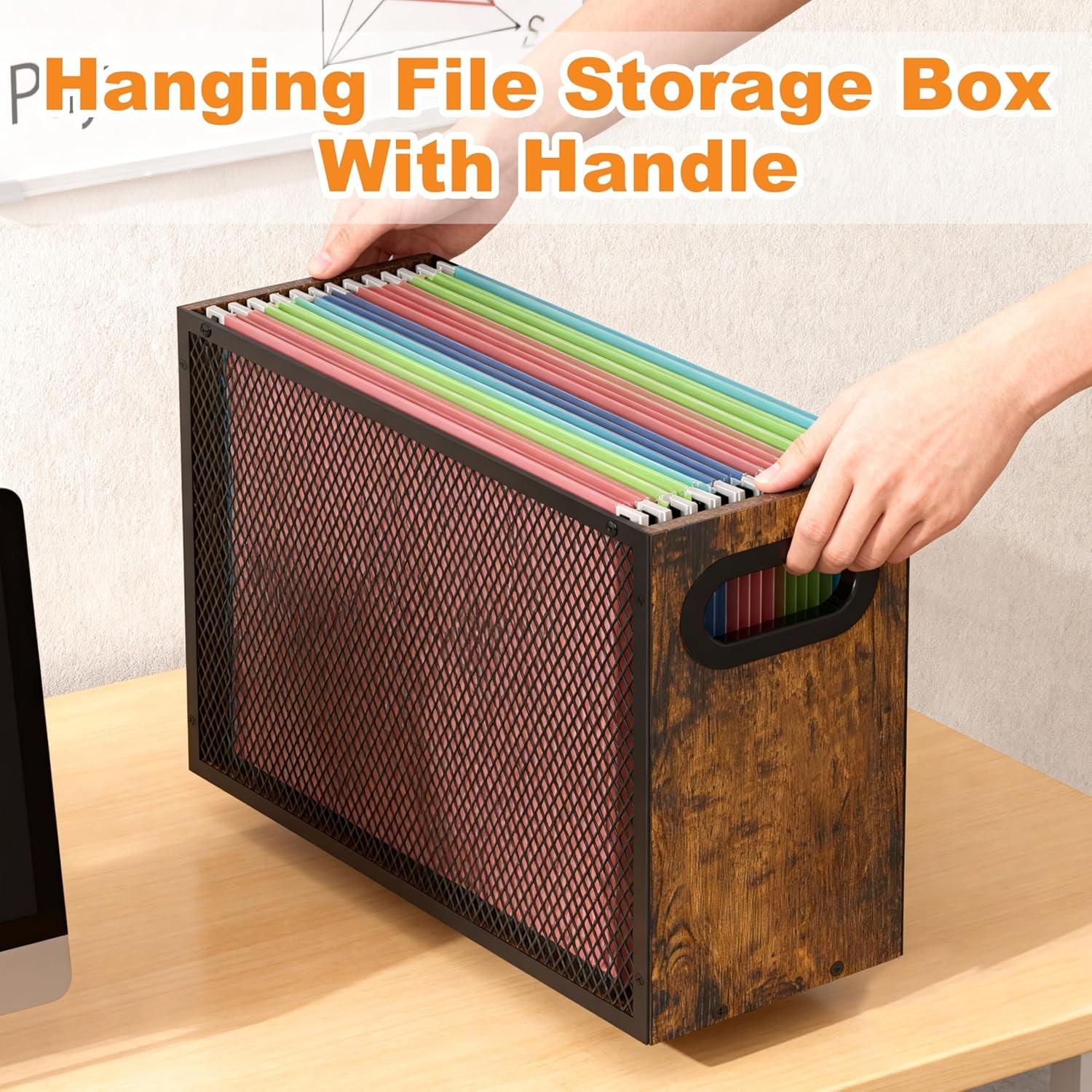 Wooden Hanging File Organizer Box, Metal Mesh Folder Storage Bin with Handle, Suitable for Home Office Desk, Office Supplies, Office Accessories