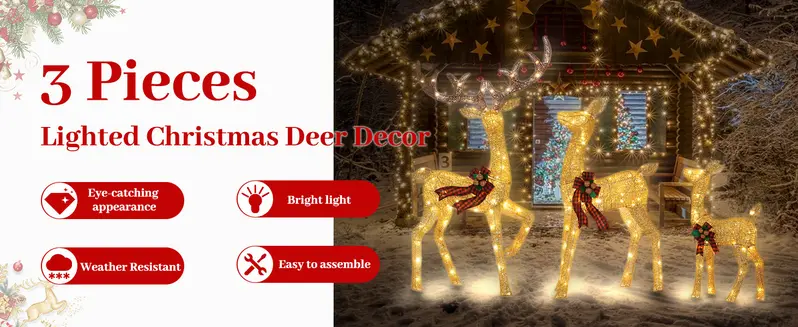 Product Introduction of FOOWIN 3D Large Lighted Christmas Deer Family Set, 3-Piece 4.8Ft Pre-Lit Reindeer Outdoor Christmas Decoration with 210 LED Lights, Red Bows,Stakes, for Yard Patio Lawn Garden Courtyard 6