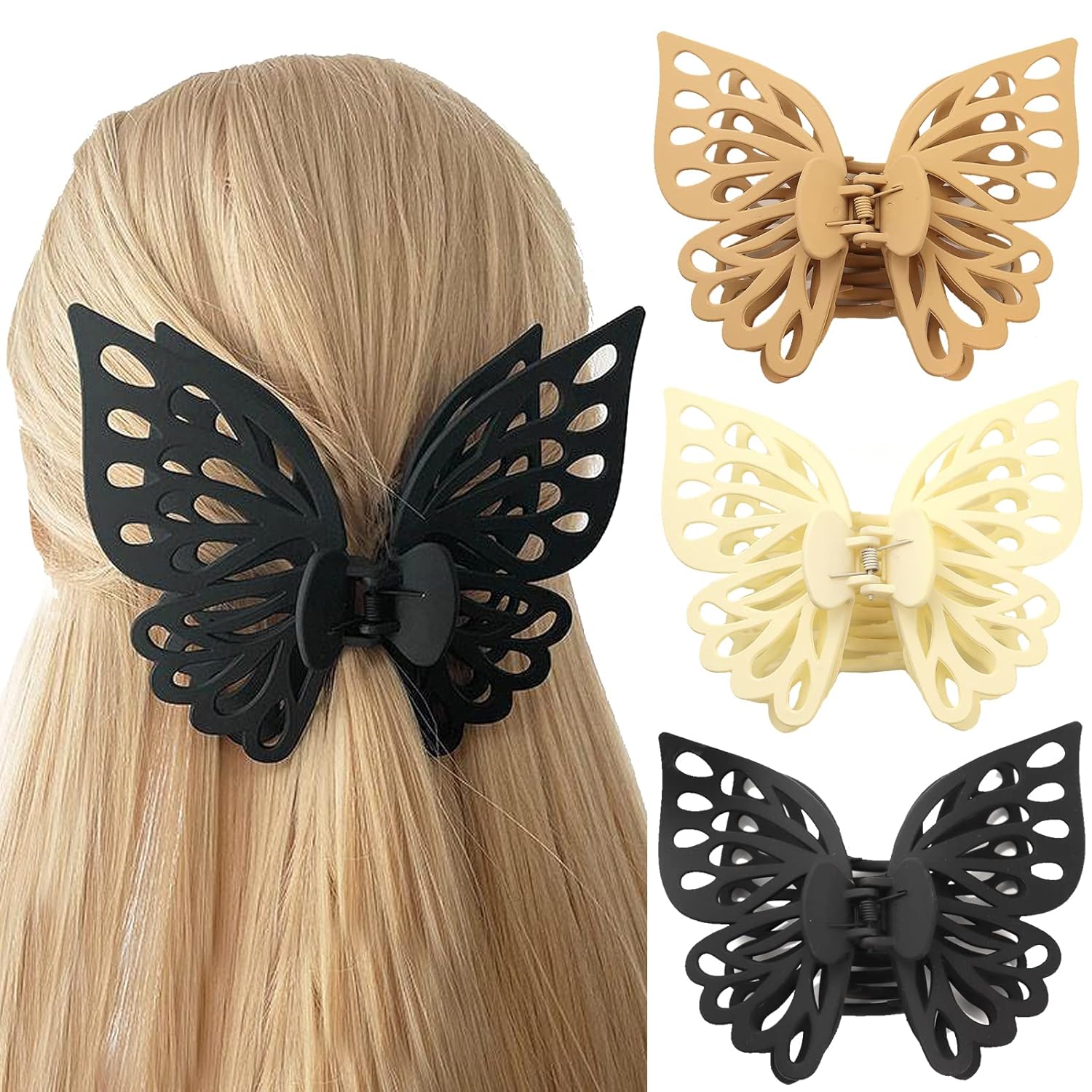 3PCS Butterfly Claw Clips for Women, Cute Aesthetic Matte Hair Clips Set, Strong Hold for Thick & Medium Hair, Non Slip Large Hair Claws, Y2K Trendy Hair Accessories for Daily Wear & Gifts