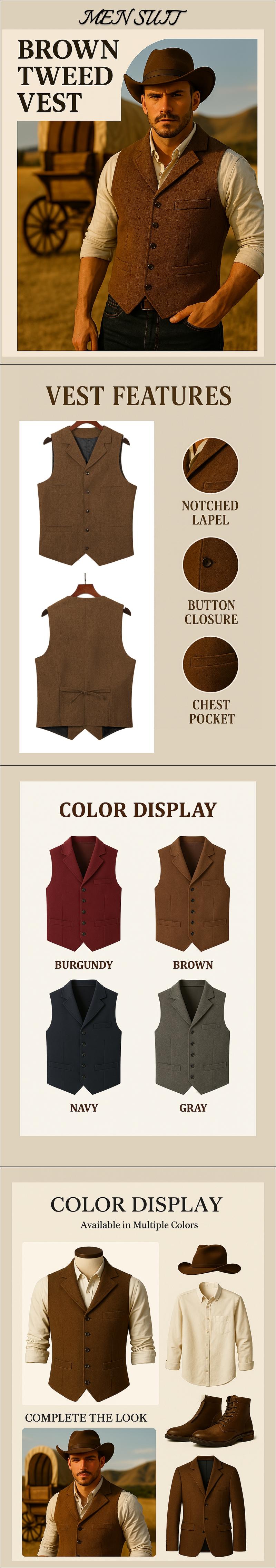 Men's Tweed Cowboy Vests Hunting Fishing Wool Herringbone Retro Elderly Aged Adult Men's Vintage Western Casual Business Vests