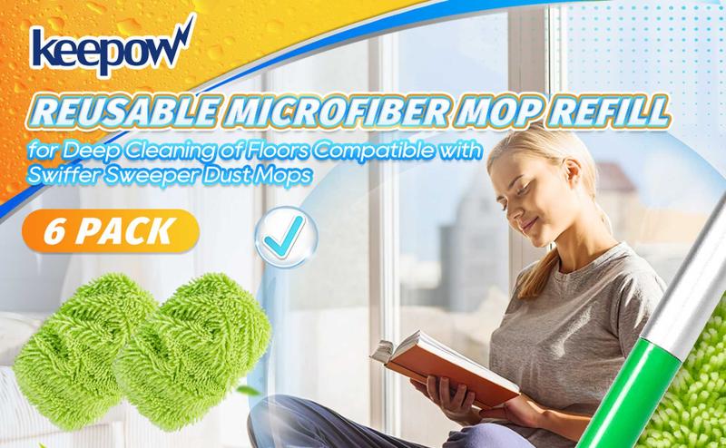 KEEPOW Dry Sweeping/Wet Mopping Cloths for Swiffer Sweeper Mop Deluxe Reusable & Washable Microfiber Mop Pads for All 10 Inches Flat Mop (Mop is Not Included)