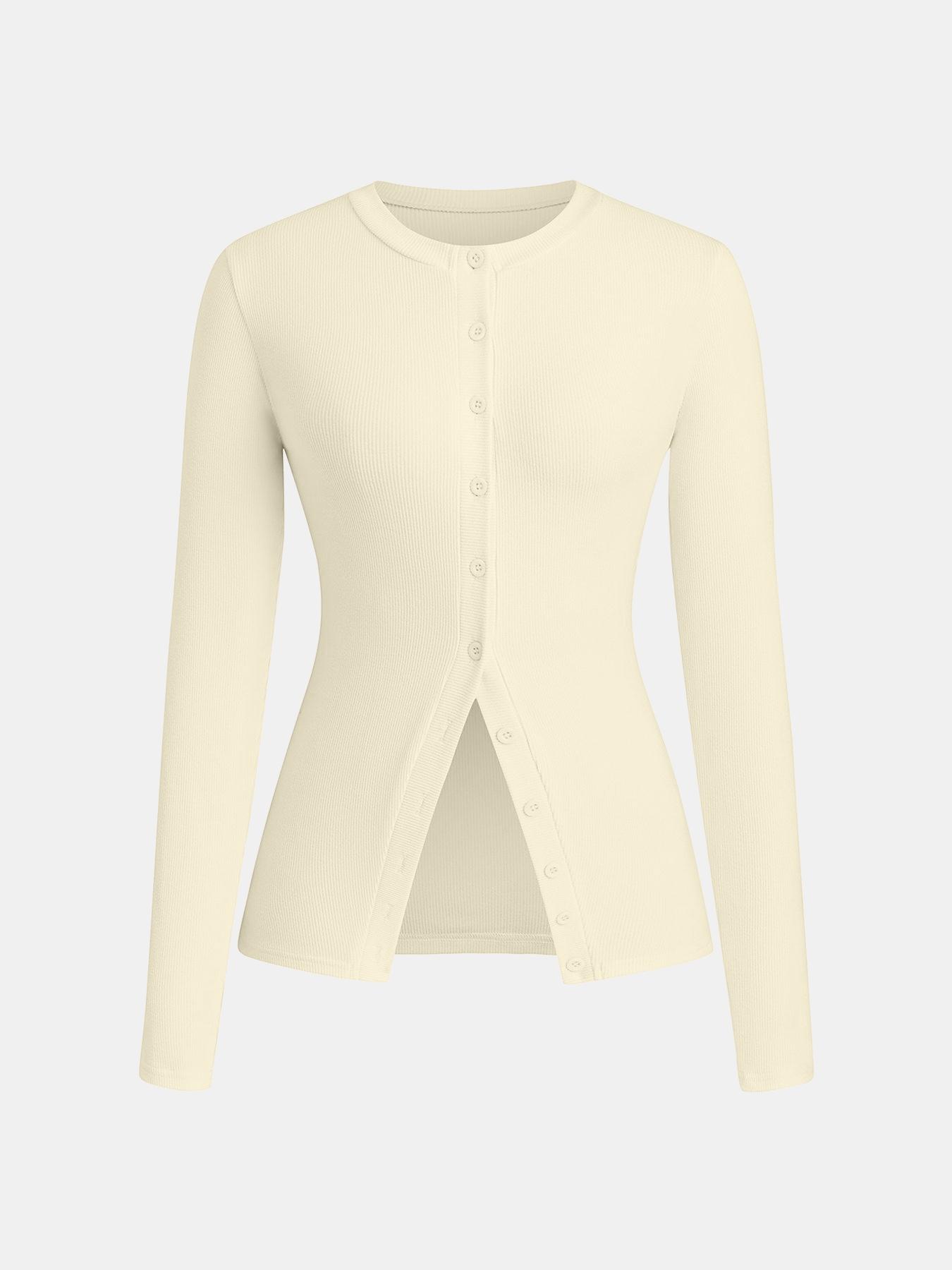 Women's Casual Round Neck Long Sleeve Button Front Top, Basic Solid Color Design, Extended Length, Perfect for Daily Wear, Womenswear