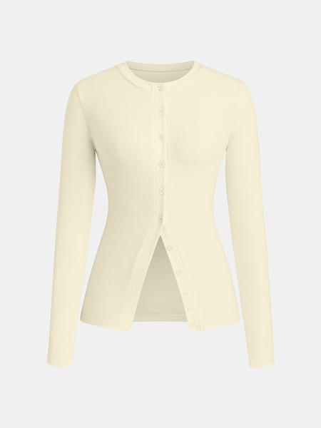 Women's Casual Round Neck Long Sleeve Button Front Top, Basic Solid Color Design, Extended Length, Perfect for Daily Wear, Womenswear