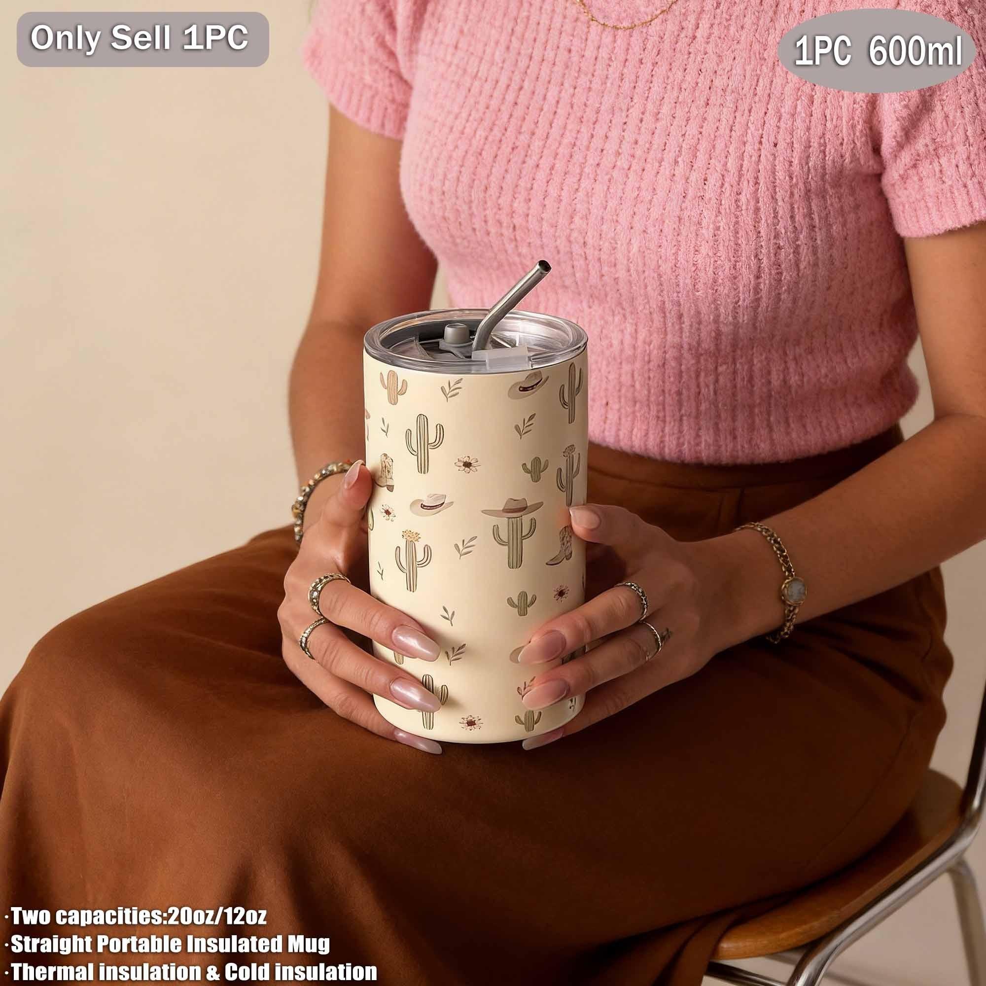 Cactus Pattern Dual-Layer Stainless Steel Insulated Cup, 360ML-600ML, Vacuum Bottle, Travel Mug, Gift for Holidays and Birthdays