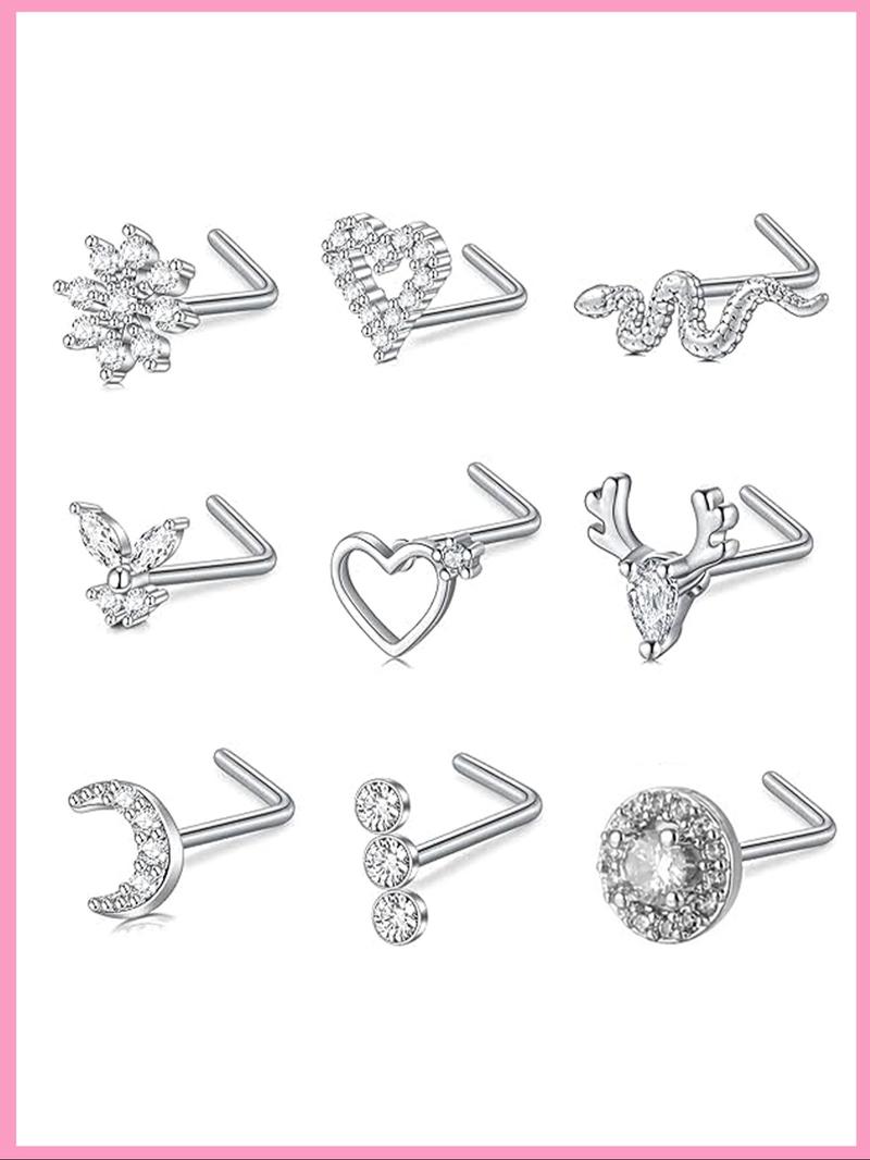 Women's 20g Nose Ring Stud Earrings, Surgical Steel Nose Stud with Shiny Cz Flower Design, Heart Butterfly Floral Patterns, Nose Piercing Jewelry