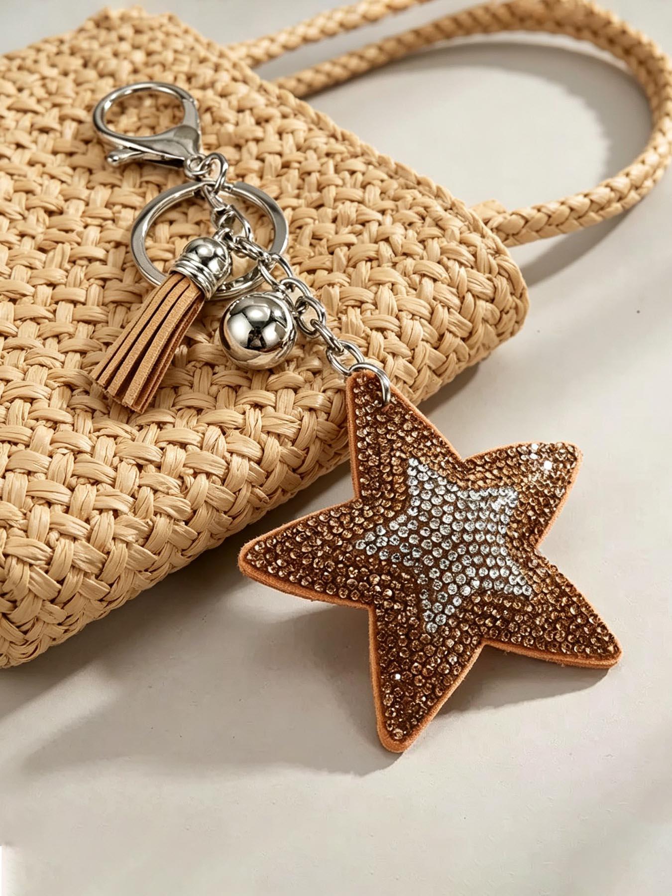 Elegant Two-Tone Rhinestone Star Sequin Keychain, Boho Style Beach Bag Charm, Dual-Sided Design, Fringe Key Ring Accessory