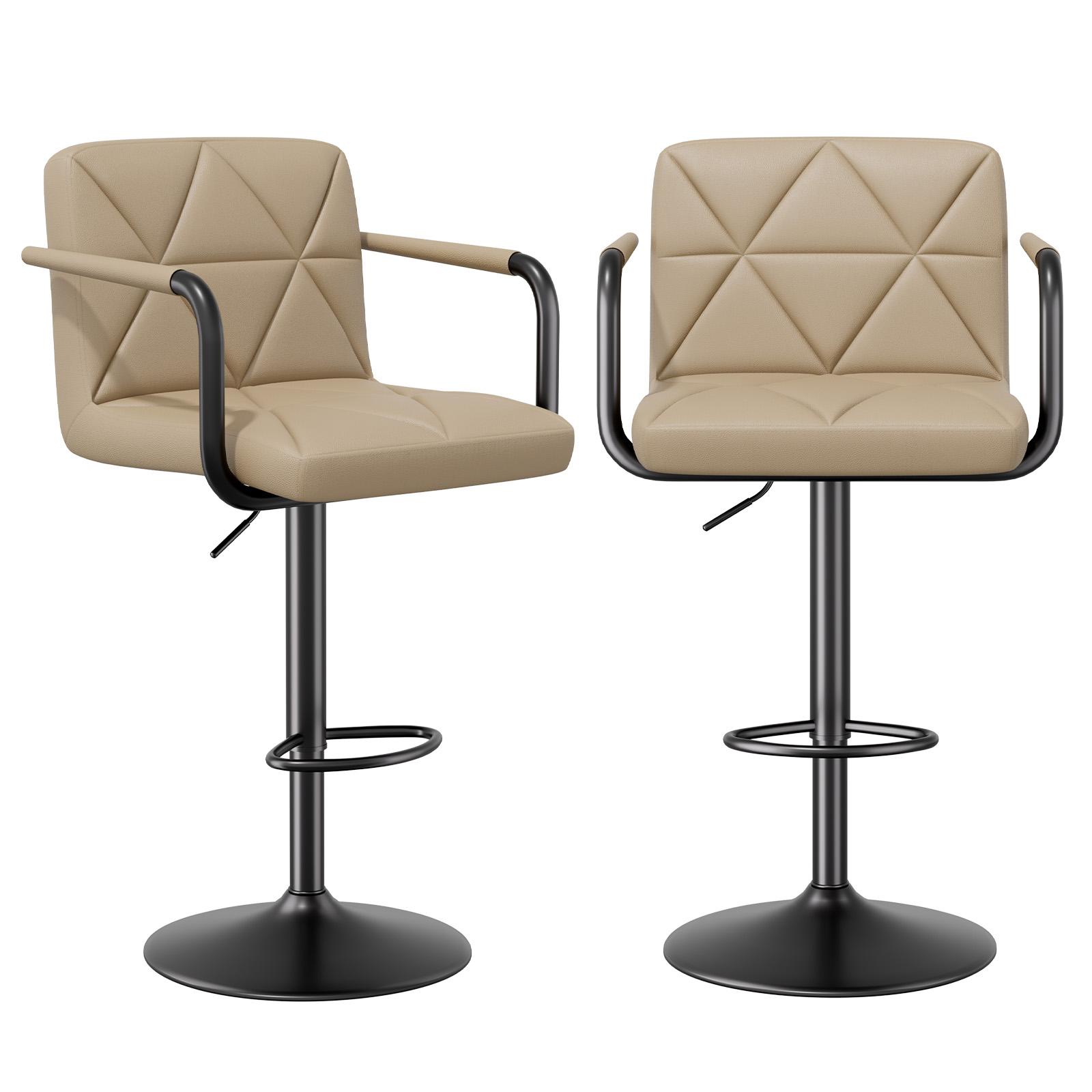 Set of 2 Barstools, Adjustable Height 25.5-34.5 IN with Back & Arms, Swivel PU Leather Upholstered Counter Height Bar Chairs