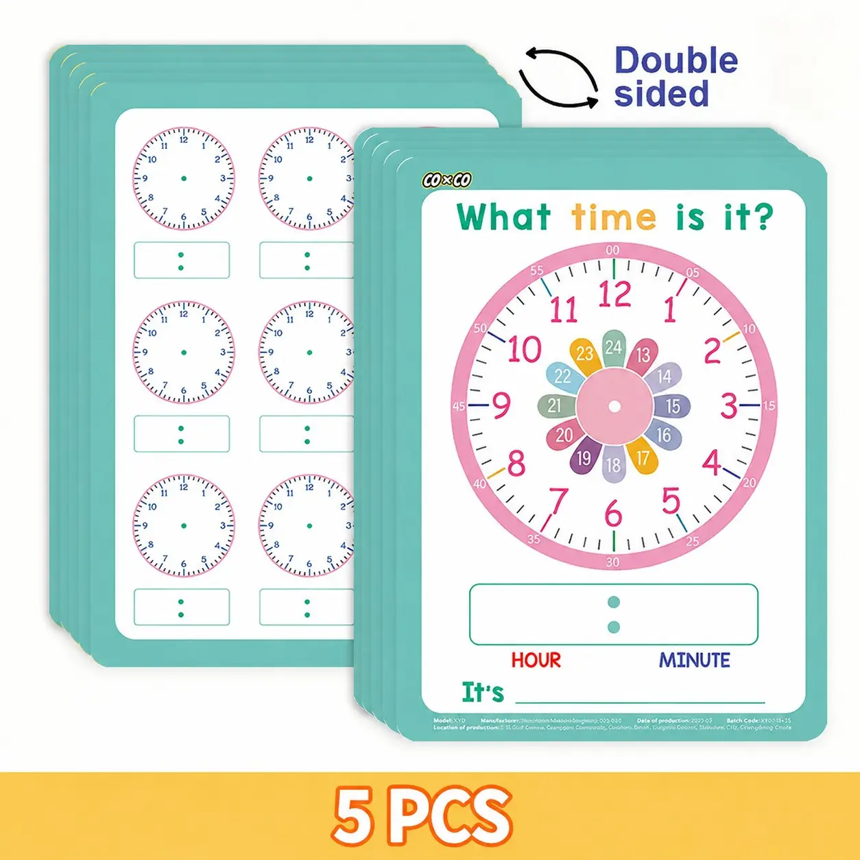 5pcs Erasable Clock Learning Cards, Colorful Flower Clock, Multiple Quiz Types, Durable Coating, Ideal for Kids' Time Recognition, Early Education Gift