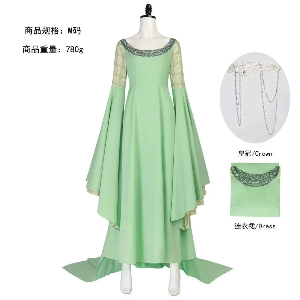 Arwen Cosplay Fancy Dress Green Long Dresses Crown Props Elven Princess Lady Arwen Costumes Halloween Carnival Party for Women
