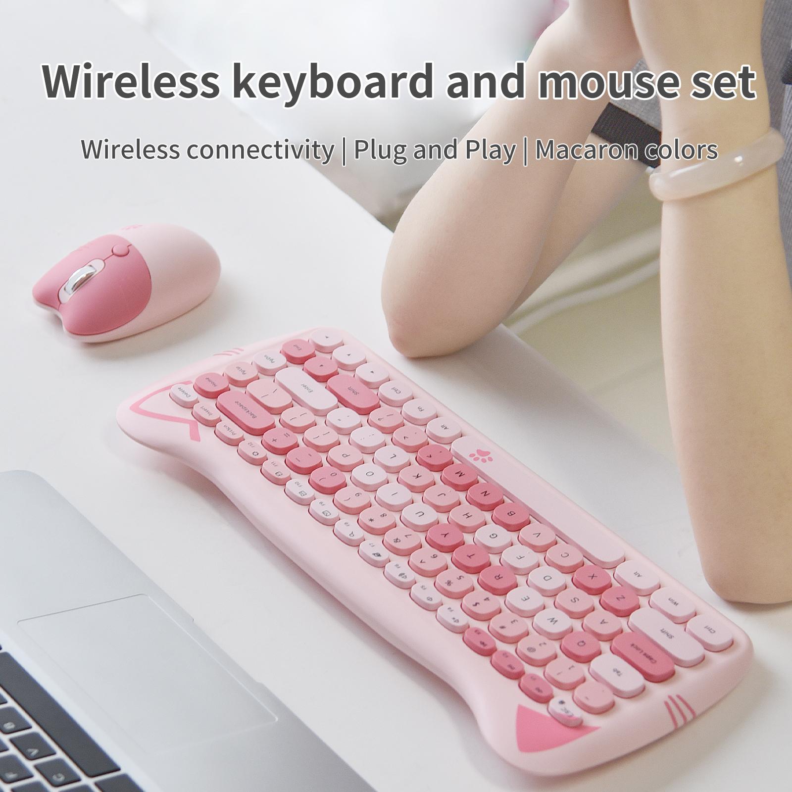 MOFii 1 Set Pink Cat Ear Wireless Keyboard and Mouse Combo, Cute Silent Office Keyboard Mouse, Universal for Laptop Desktop, US QWERTY (Battery Not Included)