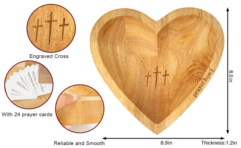 Handcrafted Vintage Prayer Bowl, Wooden Heart Shaped Prayer Bowl with 24 Prayer Cards, Cross & Letter Pattern, Religious Decorations Dough Bowls, Home Decor, Christian Gifts for Women, Church Ornaments, New Year's Day Valentine's Day & Easter Sunday Gifts