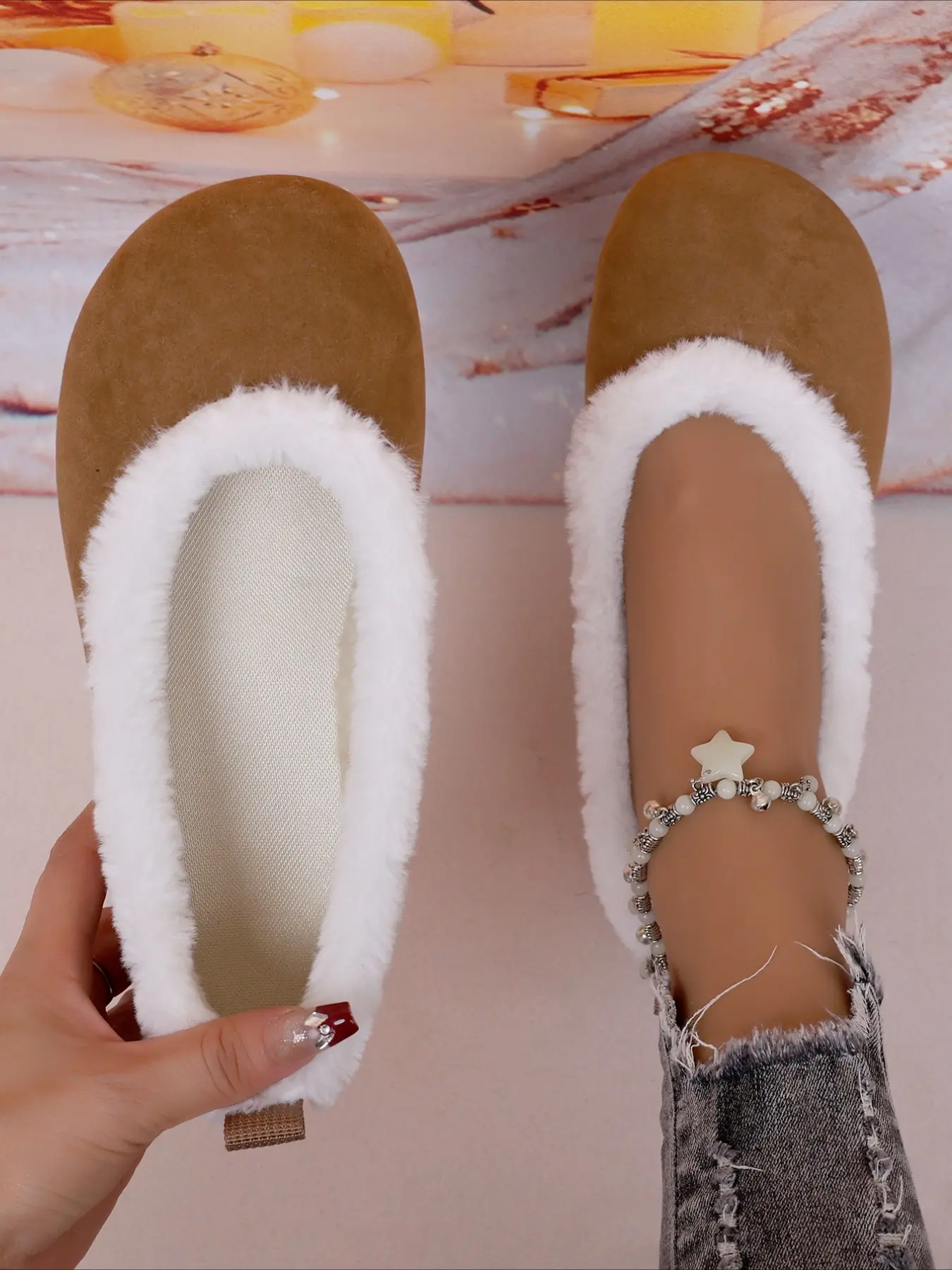 Flat slip-on warm fuzzy shoes with plush trim. Non-slip sole, soft and cozy, women winter fur lined shoes for daily wear. Shoes Flats, for Christmas, Xmas