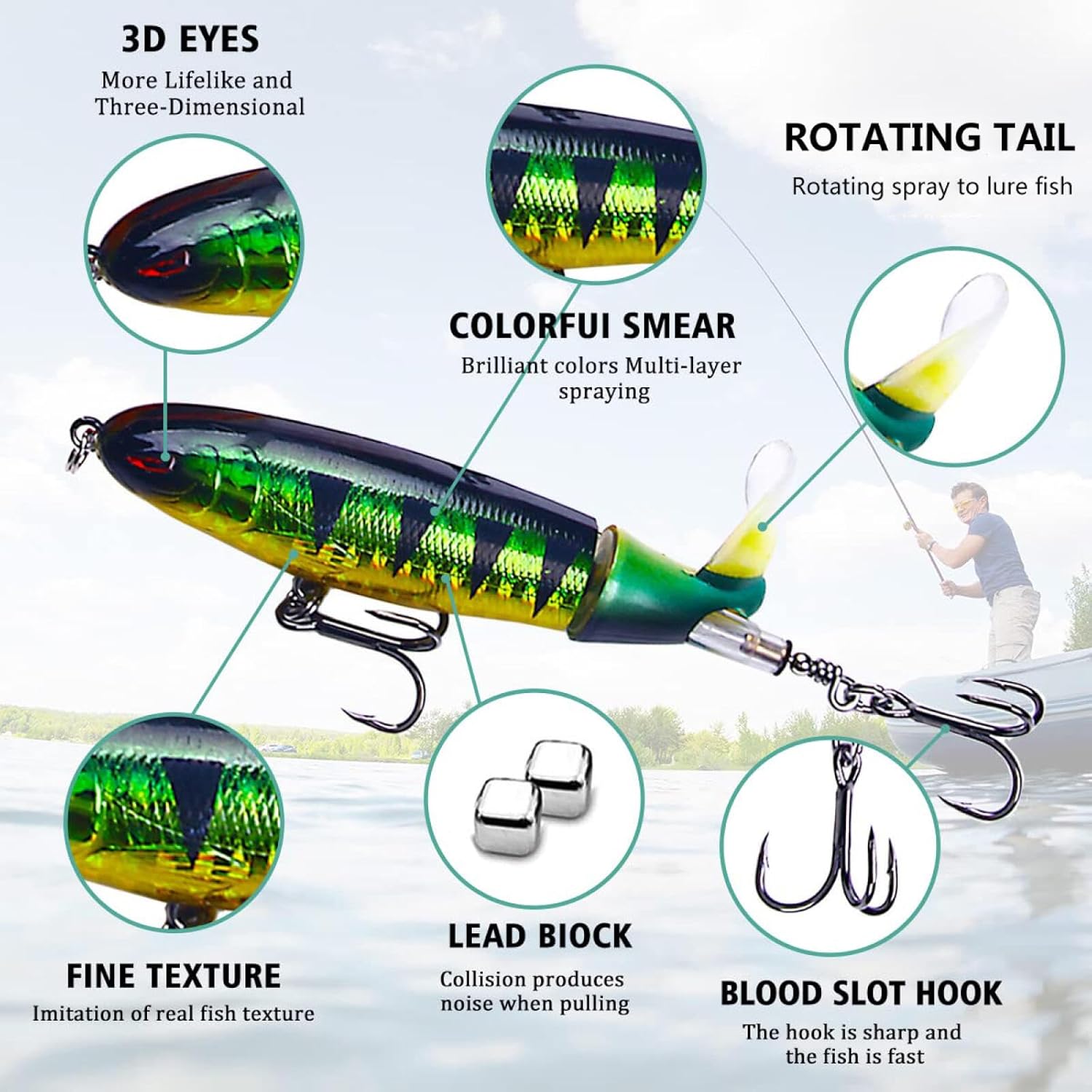 Topwater Fishing Lure Set - Whopper Popper, Floating Pencil Bait, Rotating Tail Lure with Storage Box for Bass, Fresh/Salt Water Fishing