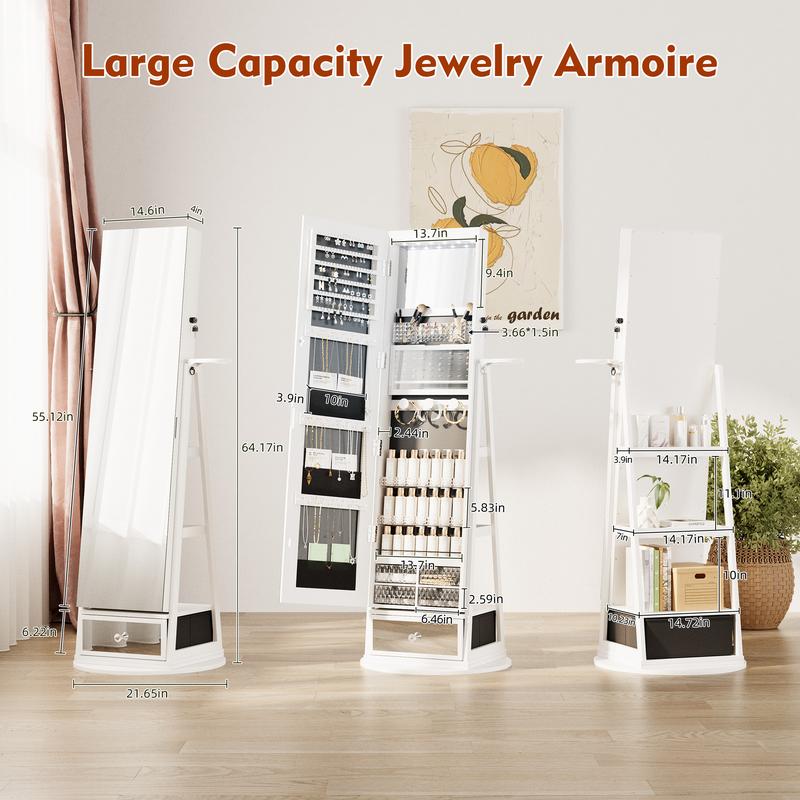 【Valentine's Day gift】Standing Rotable Mirror Cabinet, full-length mirror, adjustable lighting make up mirror, armoire, space-saving, large storage space, perfect gift idea White Decor