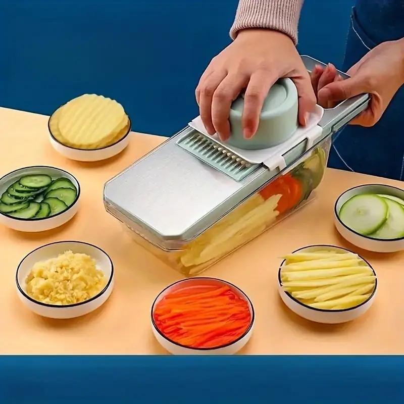 Multifunctional kitchen vegetable cutter. Its design meets the needs of shredding, slicing, grating, etc. It is made of healthy materials, with sharp cutting edges, and is easy to operate and clean.